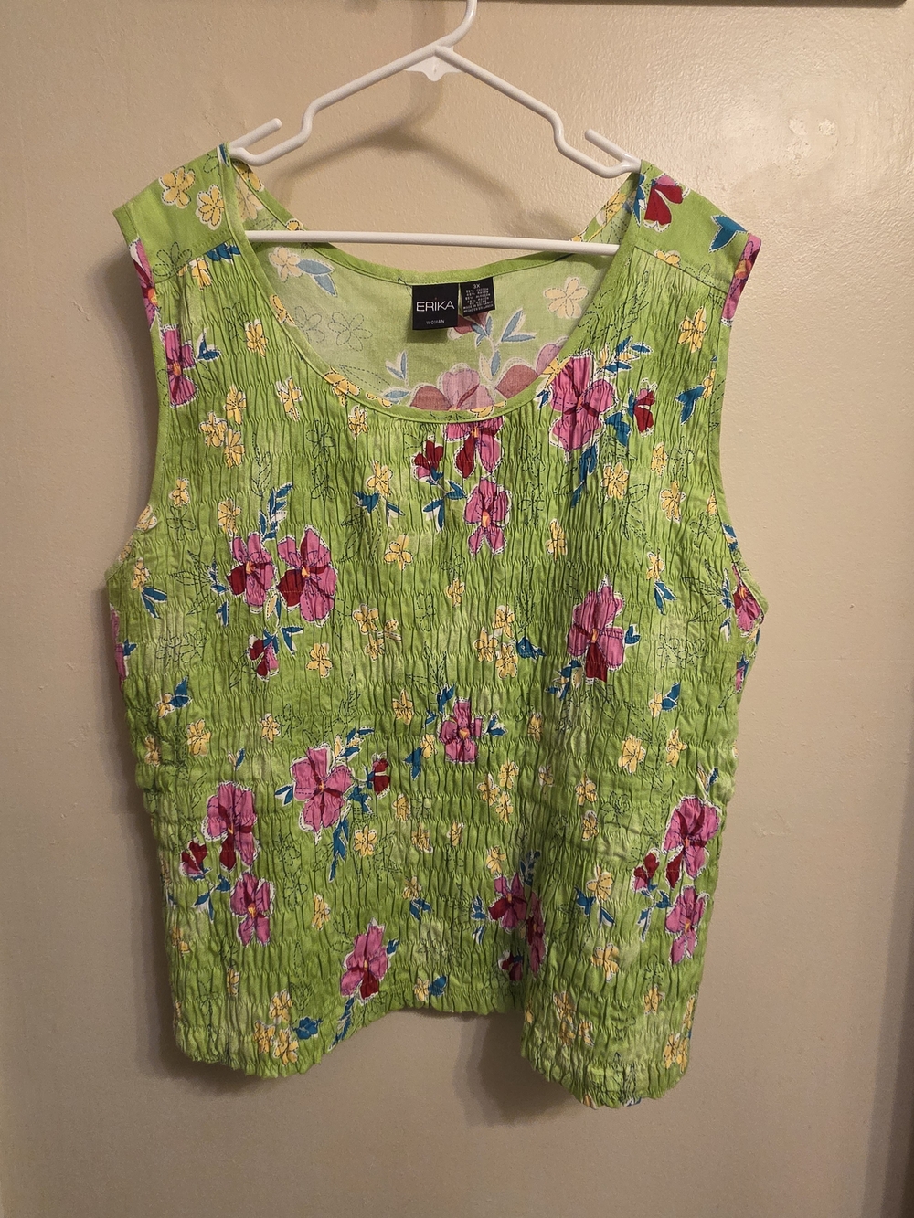 Erika 3X Floral Smocked Tank Top Green Pink Cotton Cottagecore Sleeveless Plus